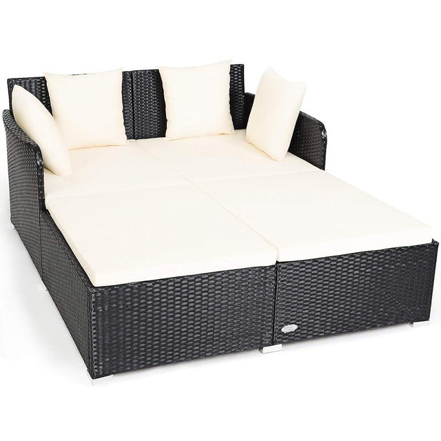 COSTWAY Outdoor Patio Rattan Daybed, Sponge Cushioned Loveseat Sofa with 4 Pillows, Wicker Furniture Sunbed for Balcony, Courtyard (Beige)