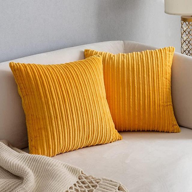 Kevin Textile Pack of 2, Corduroy Soft Solid Decorative Square Throw Pillow Covers Set Cushion Cases for Sofa Bedroom Car 16 x 16 Inch 40 x 40 cm, Orange Yellow