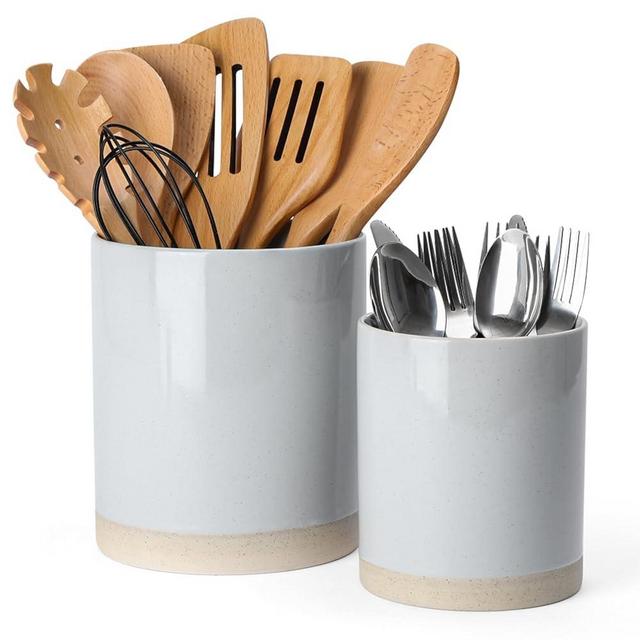 famiware Milkyway Kitchen Utensil Holder for Countertop, Ceramic Cooking Utensil Crocks for Kitchen Counter, Utensil Organizer for Spatula & Spoon, Kitchen Decor, Set of 2, Light Gray