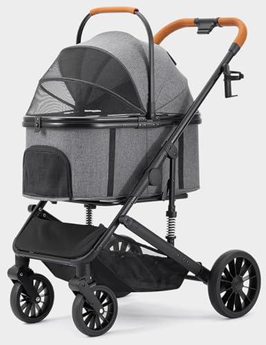SUNTHX Dog Stroller for Small Medium Dogs Up to 60lbs, 4 Wheels Folding Pet Stroller with Detachable Carrier, Pet Travel Carrier for 2 Dogs & Cats, Storage Basket, Breathable, Grey
