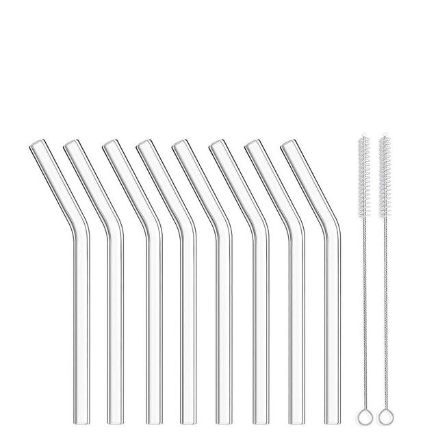 ALINK Short Bent Glass Straws, 6 in x 10 mm Reusable Clear Glass Curved Cocktail Straws for Whiskey, Coffee, Soda, Water, Pack of 8 with Brush