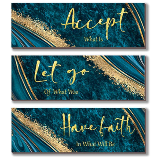 ONIZHITY 3Pcs Navy Blue Gold Bathroom Decor Teal Wall Decor Accept Let Go Have Faith Quote Marble Style Versatile Home Art for Motivation Bedroom Living Room Office(Teal Gold 12x4”