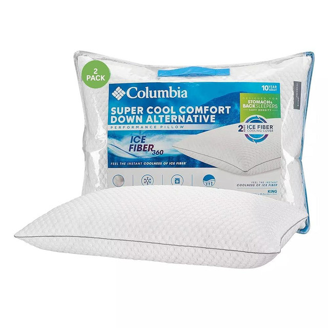 Columbia Comfort Ice Fiber Side Sleeper Down Alternative Bed Pillow with Polyester Fiberfill, Supportive Cooling Double Sided Breathable Cover (Back & Stomach Sleeper, King (Pack of 2))