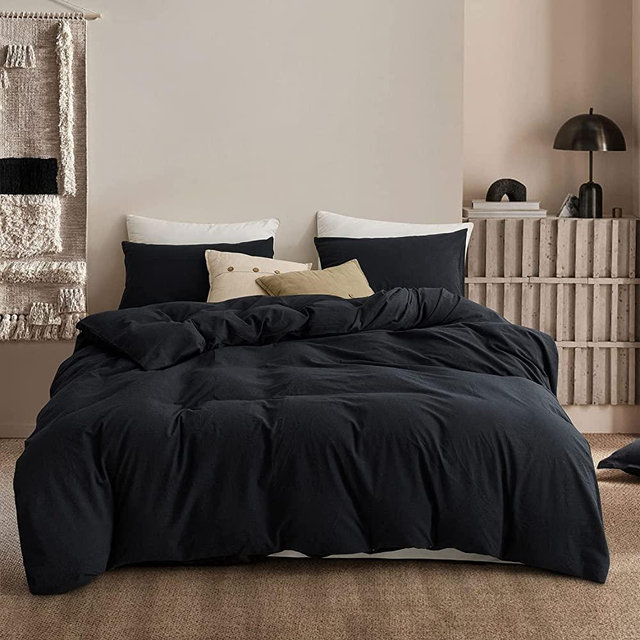 ECOCOTT 3 Pieces Duvet Cover Set King 100% Washed Cotton 1 Duvet Cover with Zipper and 2 Pillowcases, Ultra Soft and Easy Care Breathable Cozy Simple Style Bedding Set (Black,King)