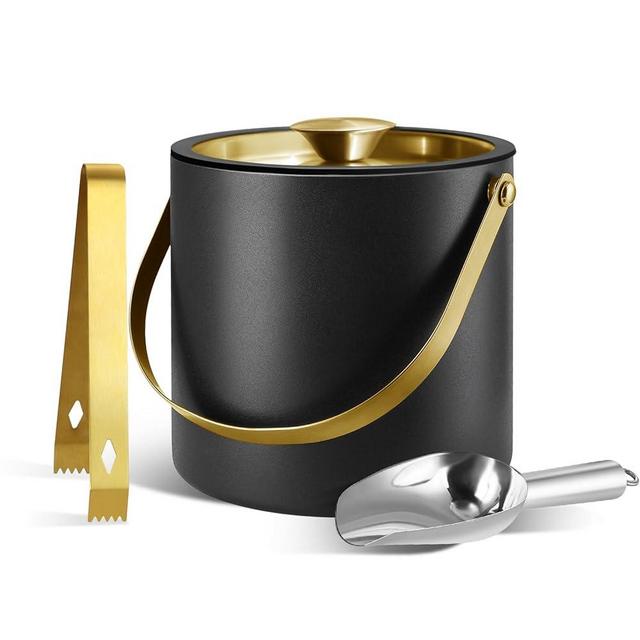 Bakpoco 2L Ice Bucket with Silicone Lid, Scoop, Gold Tongs & Strainer, Stainless Steel Double Wall Insulated Ice Buckets for Parties & Cocktail Bar Outdoor Champagne Ice Container Bin, Black