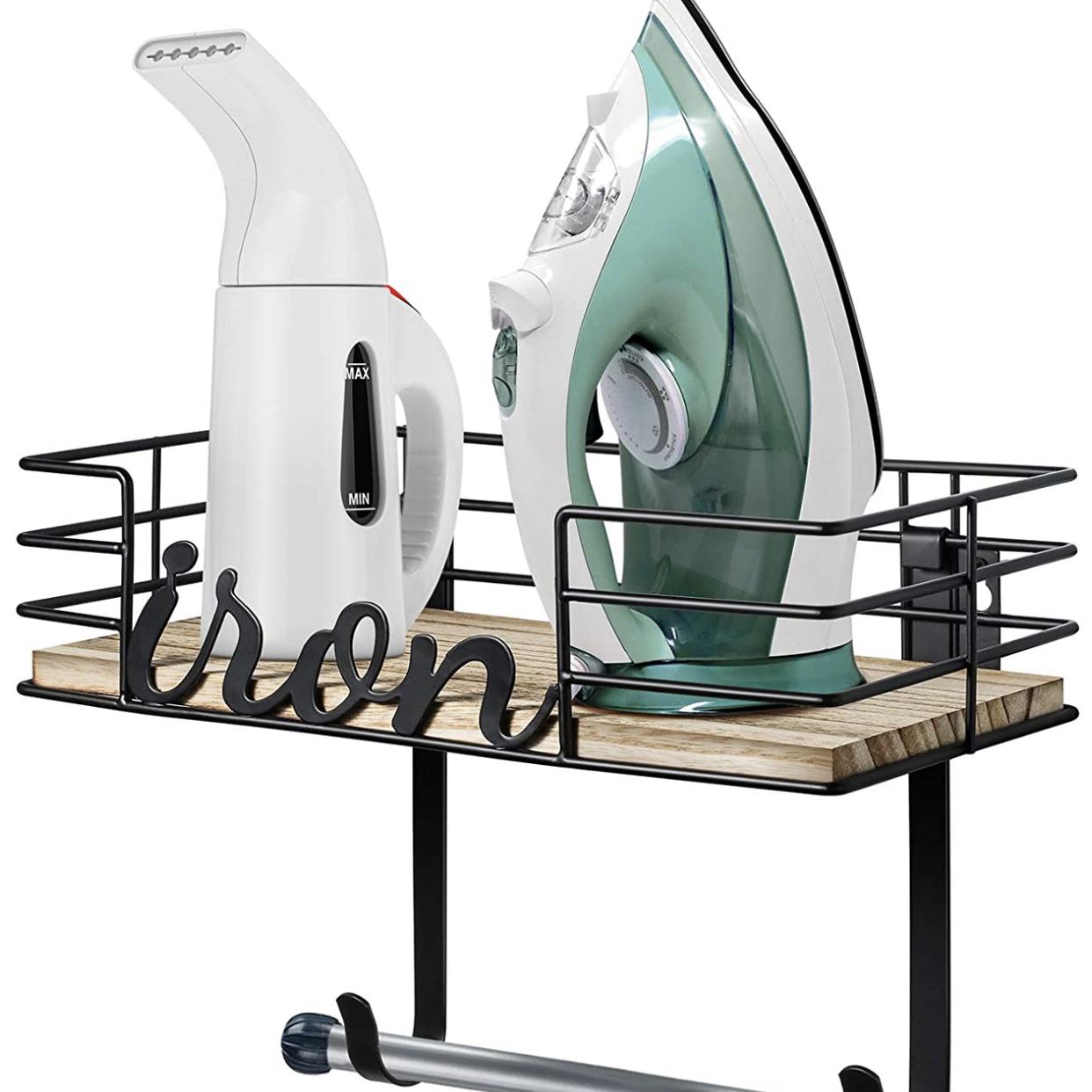 TJ.MOREE Ironing Board Hanger Wall Mount - Laundry Room Iron and Ironing Board Holder, Metal Wall Mount with Large Storage Wooden Base Basket and Removable Hooks (Black)