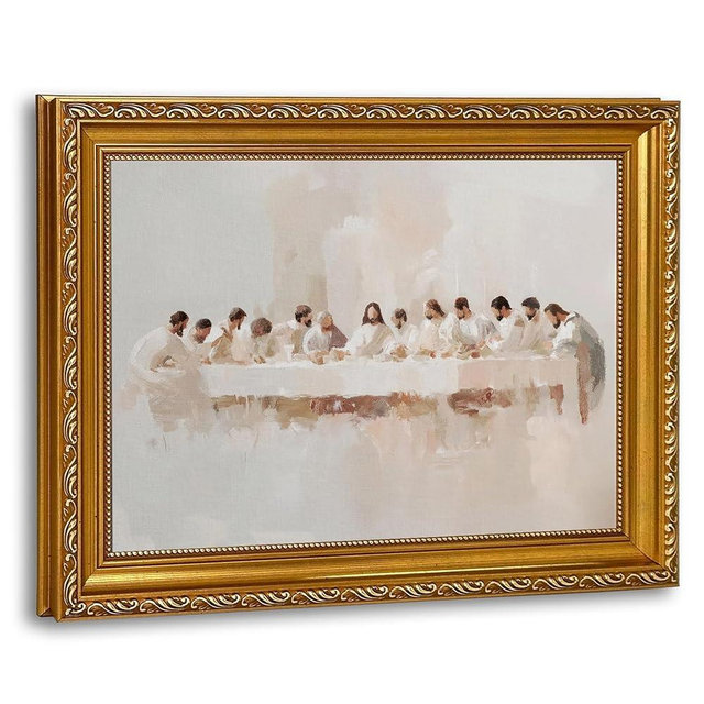 QWETYY666 Gold Framed The Last Supper Wall Art Jesus Last Supper Canvas Wall Decor Christian Picture Print Religious Christ for Living Room Dining Room Church Home Painting Artwork 12x16 inch