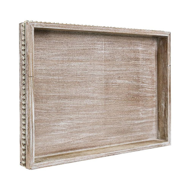 Wooden Decorative Tray, Rectangular Serving Tray with Wood Bead, Farmhouse Big Tray for Ottoman, Countertop, Coffee Tabl, 16.5" x 13"x 1.6" (White Washed)