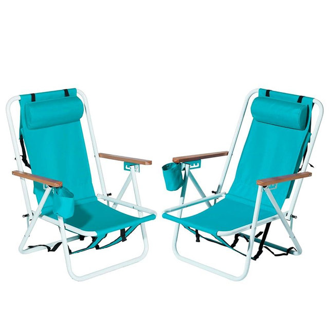Outvita Folding Beach Chair Adjustable Headrest w/4 Flexible Tilt Angle, Cup Holder Portable High Strength Cleanable Fabric, for Sand Camping Lawn Concert Travel Festival