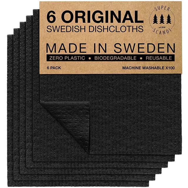 SUPERSCANDI Swedish Dish Clothes 6 Pack of Black Reusable Compostable Kitchen Cloth Made in Sweden Cellulose Sponge Dish Cloths for Washing Dishes