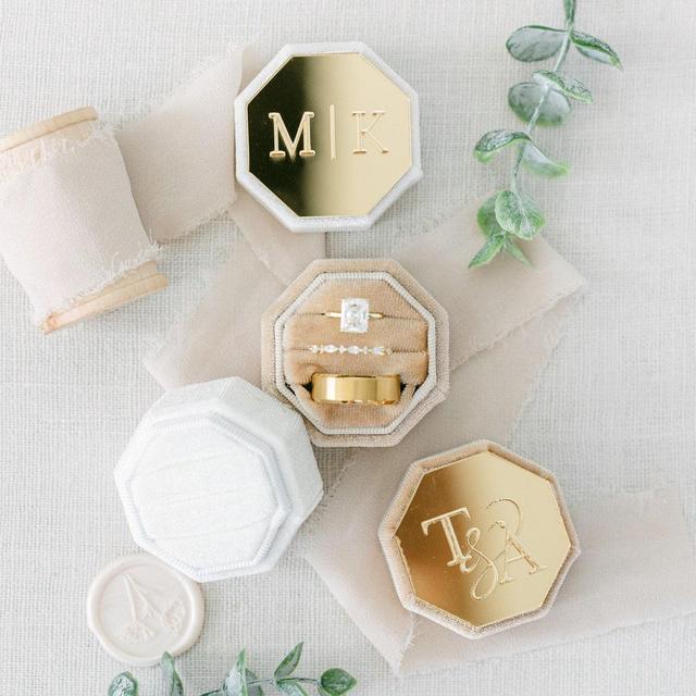 Engraved Gold Mirror Octagon Velvet Ring Box | Custom Wedding Ring Box | Engagement Ring Box | Triple Slot | Custom Modern Ring Box