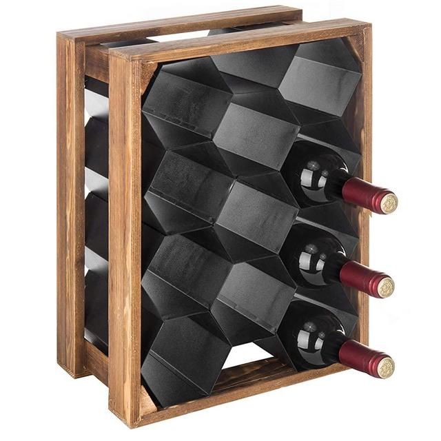 MyGift 11-Bottle Wood & Metal Countertop Honeycomb Design Wine Rack