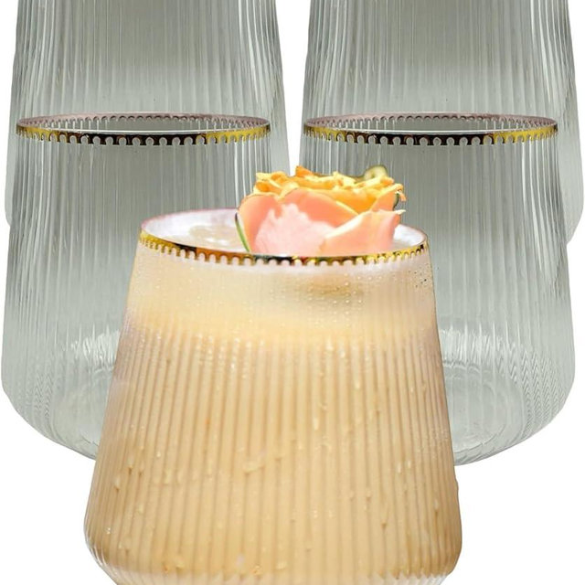 18 count origami ripple Unbreakable Stemless Plastic Wine Champagne Whiskey Glasses Elegant Durable Disposable Indoor Outdoor Ideal for Home, Office, Bars, Wedding, Ribbed 12 Ounce Cups (18, Gold Rim)