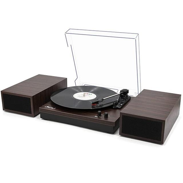 LP&No.1 Retro Bluetooth Record Player with Stereo External Speakers, 3-Speed Belt-Drive Turntable for Vinyl Records with Wireless Playback and Auto-Stop, Dark Brown