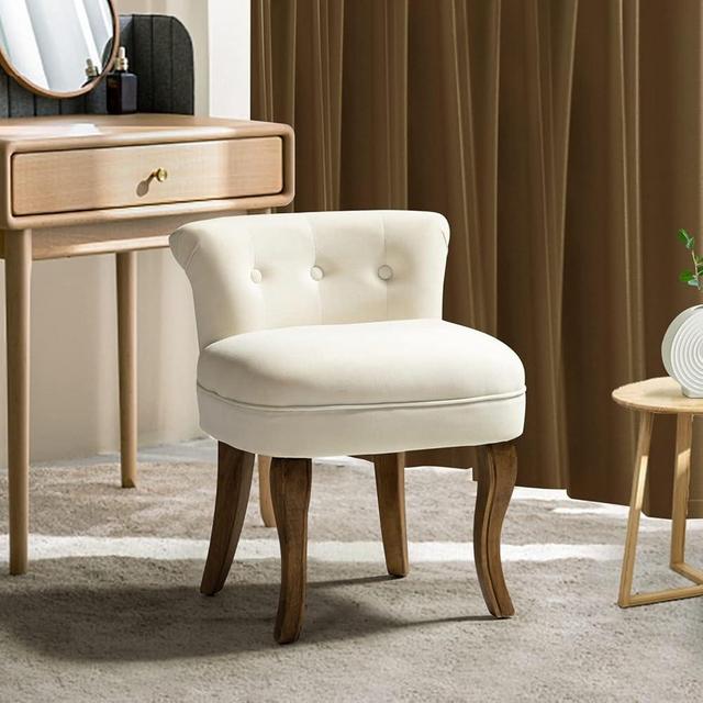 HULALA HOME Velvet Vanity Stool with Low Back, Modern Vanity Chair with Solid Wood Legs, Small Upholstered Makeup Chair Home Decor for Bedroom Living Room Dressing Table, Women Girls, Ivory