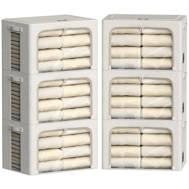6 Pack Clothes Storage Bins with Metal Frame Foldable Storage Bins for Clothes Linen Fabric Storage Box with Clear Window (Lvory White, 15.7x11.8x7.8inch(22L))