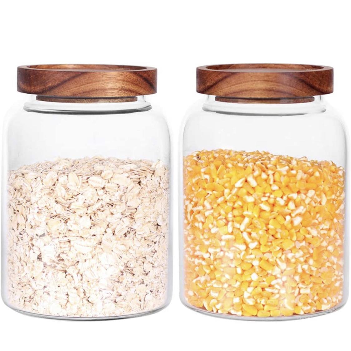Glass Storage Jars with Airtight Lids, Set of 2 42 FL OZ (1250ml)coffee container with Wooden Lid, Glass Pantry Canister for Beans, Rice, Sugar and etc (6.3 inch high)