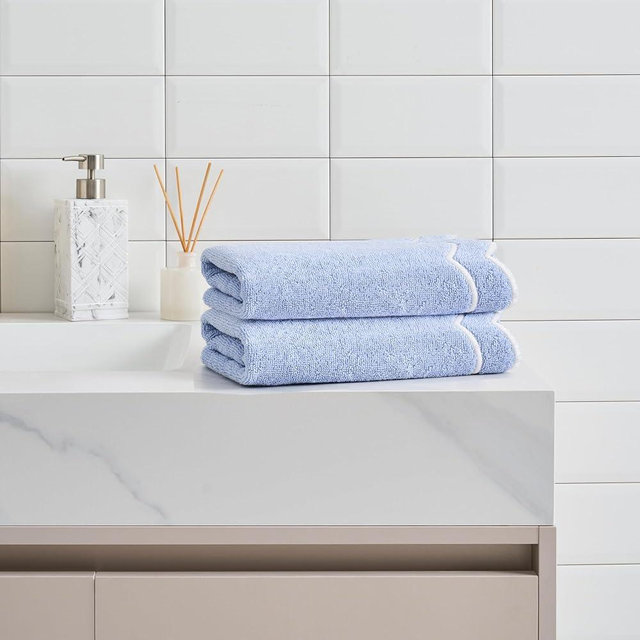 Peri Home 2 Piece Bath Towel Set, 500 GSM, 100% Cotton Towel for Bathroom, Embroidered, Soft & Absorbent, Blue with White Scallop