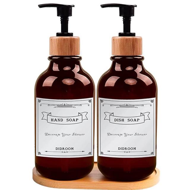 Amber Dish Soap Dispenser for Kitchen (2 Pack , 16oz) Hand and Dish Soap Dispenser Set with Bamboo Pump and Soap Tray - Empty Refillable Soap Pump Dispenser - 5 Types Of Waterproof Labels