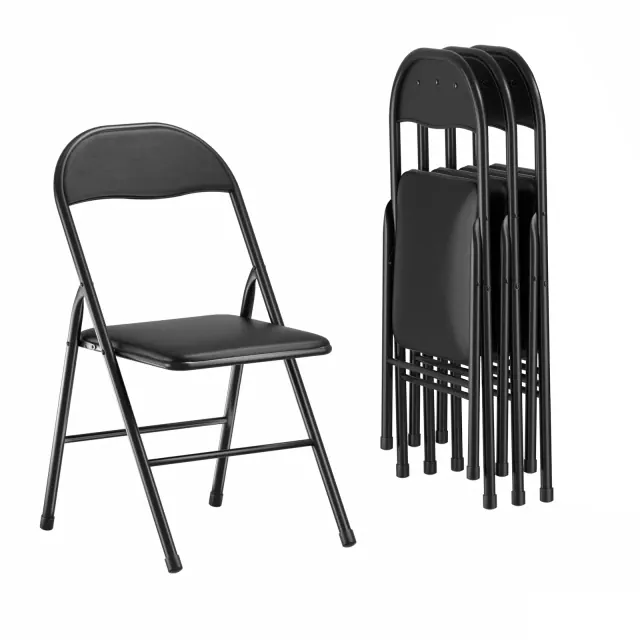 VECELO Upholstered Folding Chairs Set of 4, Metal Portable with Soft PU Padded Seats for Office or Kitchen, Black