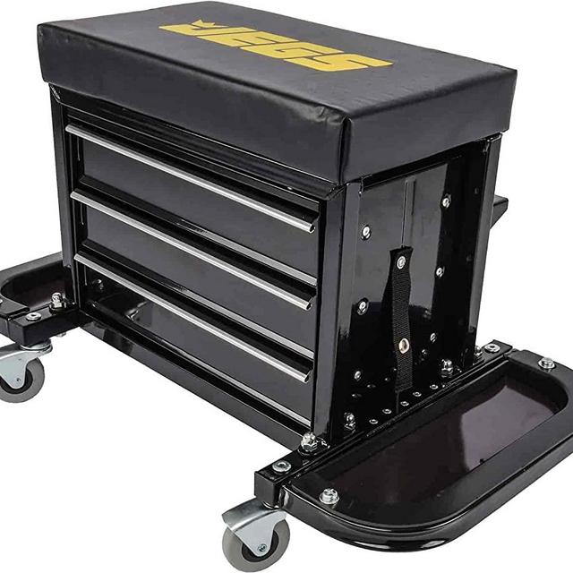 JEGS 3-Drawer Mechanics Roller Seat Tool Box | Black With JEGS Logo | Two Folding Tool Trays With Magnetic Pads | Vinyl Padded Seat Cushion | Rear Tray For Screwdrivers And Pliers | Load Limit 350 LBS