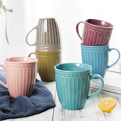 Porcelain Fluted Mugs - 13 Ounce for Coffee, Tea, Cocoa, Cold Assorted Colors Dishwasher And Microwave Safe Mugs Set of 6