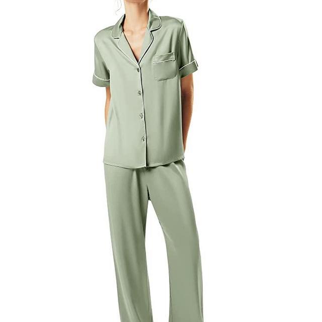 AW BRIDAL Womens Satin Pajamas Set Short Sleeve Silk Pajamas Button Down Loungewear Sleepwear Two Piece Pj Sets S-XL