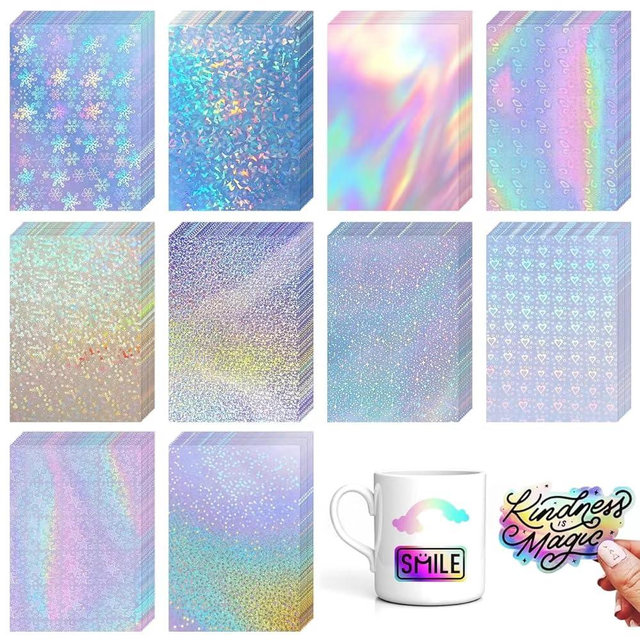 100 Sheets Holographic Sticker Paper 8.3x11.7 Inch Clear Vinyl Self Adhesive Waterproof Rainbow Vinyl Sticker Paper, Waterproof Transparent Holographic Laminate Film (10 Styles)