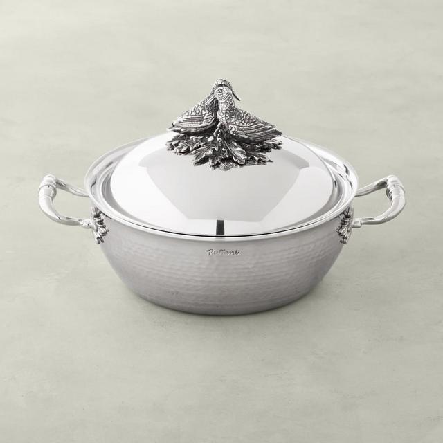 Ruffoni Opus Prima Hammered Stainless- Steel Saucier with Lovebirds Knob, 4-Qt.