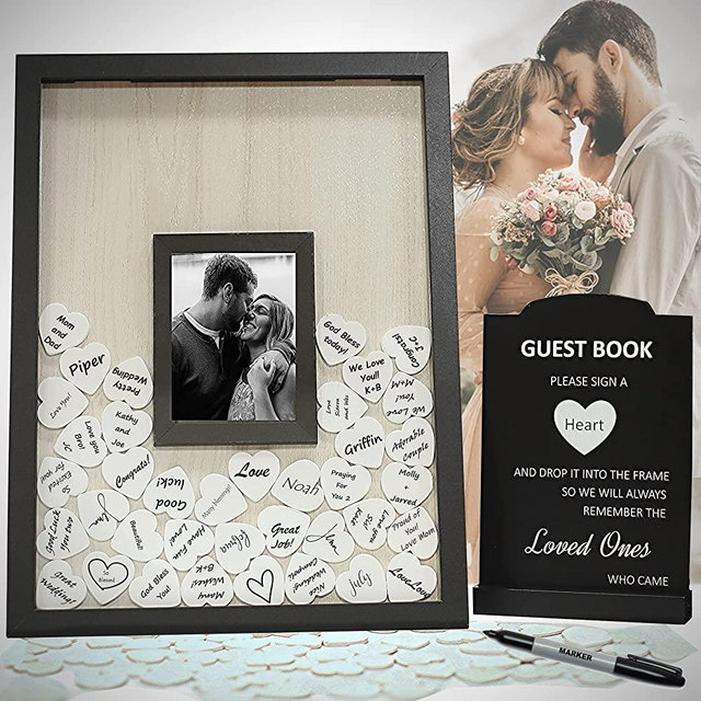 CampoliCreations Wedding Guest Book Alternative, Registry Item,12x16 Picture Frame, 65 Pcs Welcome Sign, Gift, White Hearts, Baby Shower Registry, Anniversary, Funeral, Memories, Black (2)