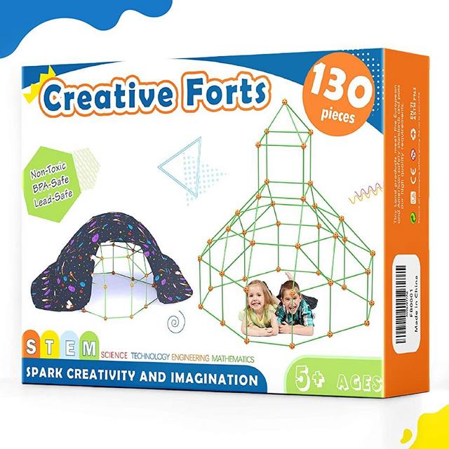 Tiny Land Kids-Fort-Building-Kit-130 Pieces-Creative Fort Toy for 5,6,7,8 Years Old Boy & Girls-STEM Building Toys DIY Castles Tunnels Play Tent Rocket Tower Indoor & Outdoor