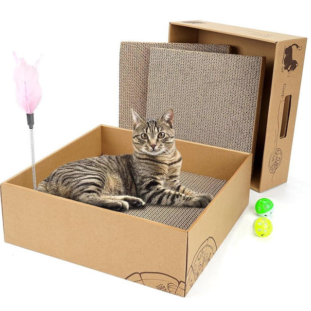 2 Pack Cat Scratcher Box with 3 PCS Scratching Pads, Reversible Corrugated Cardboard Lounge Bed with Feather Toy and Balls Recyclable Cat Scratcher Cardboard for Indoor Cats