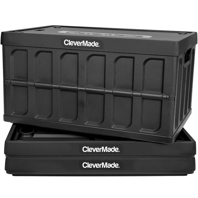 CleverMade Collapsible Storage Bin with Lid, Obsidian, 3PK - 46L (12 Gal) Folding Plastic Stackable Utility Crates, Holds 75lbs Per Bin - Solid Wall CleverCrates for Organizing, Storage, Moving