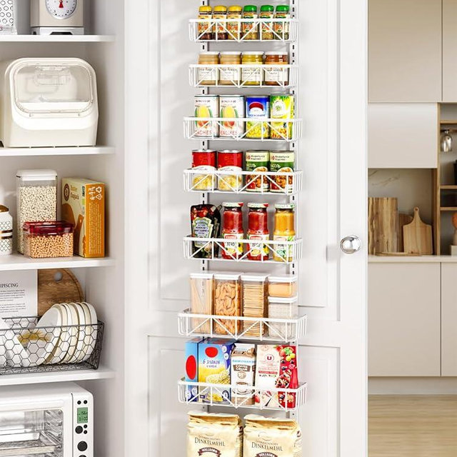 Delamu Narrow 9-Tier Over the Door Pantry Organizer, Adjustable Pantry Storage, Metal Hanging Spice Rack, Cabinet Door Organizer for Kitchen, Bathroom, Laundry Room, 12.5" White