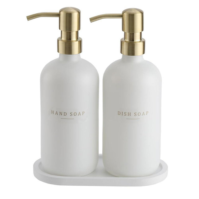 Soap Dispenser Bathroom - Dish and Hand Soap Dispenser Set, Glass Soap Lotion Dispenser with Pump for Kitchen with Tray, Waterproof Labels, 2 Lotion White Bottle/Gold Pump N