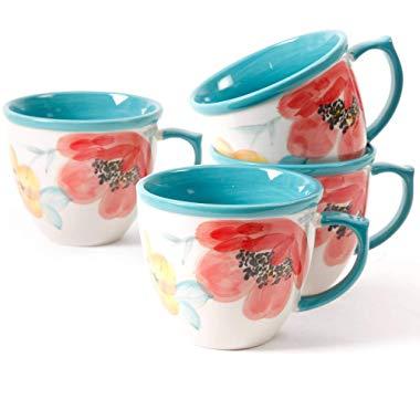 The Pioneer Women Flea Market Decorated Coffee Cup, Floral Turquoise, Set of 4