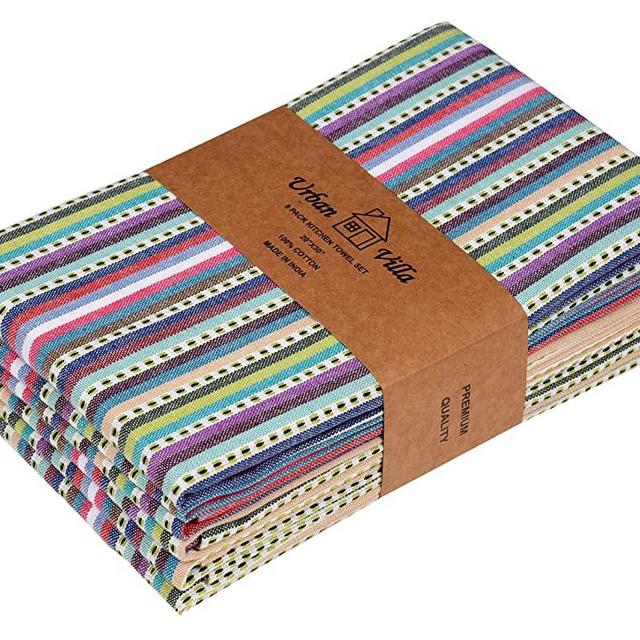 Urban Villa Kitchen Towels,Blue Multi Dobby stripes,Premium Quality,100% Cotton Dish Towels,Mitered Corners,Ultra Soft (Size: 20x30 Inches), Highly Absorbent Bar & Tea Towels (Set of 6)