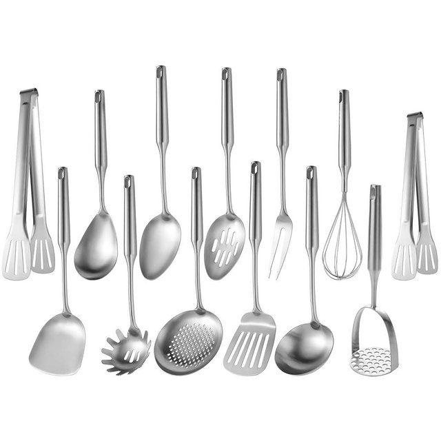 NIITAWH Stainless Steel Kitchen Utensils 13 PCS Metal Set, Solid and Slotted Spoon, Fork, Spatula, Ladle, Skimmer, Slotted Spatula Tunner, Spaghetti Large Spoon, Meat Fork, Masher, Whisk, Tongs