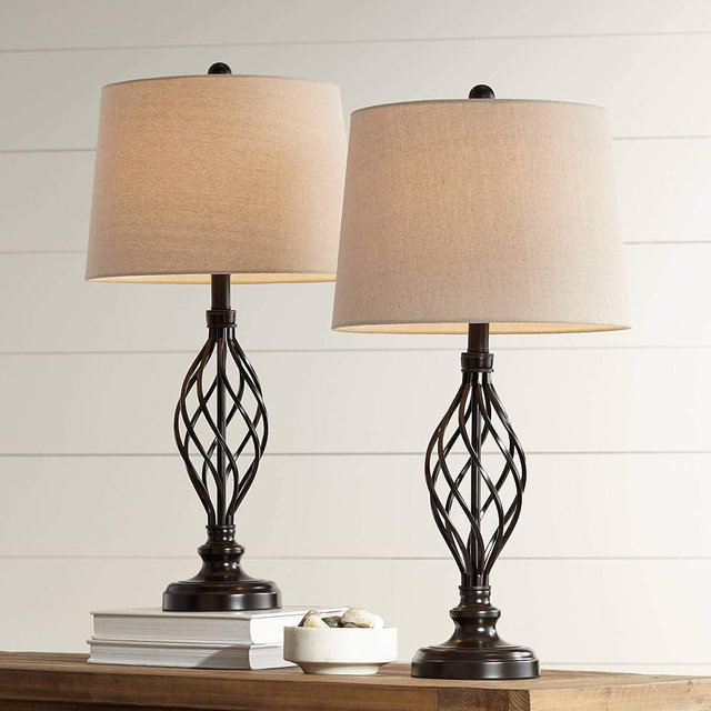 Franklin Iron Works Annie Modern Industrial 3-Way Table Lamps 28" Tall Set of 2 with Dimmers Bronze Iron Cream Tapered Drum Shade for Bedroom Living Room House Home Bedside Nightstand Office