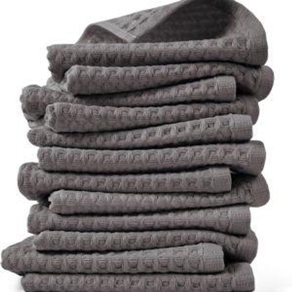 Cleanbear Classic Waffle Washcloths, 100% Cotton Face Towels, Absorbent and Quick-Drying, Soft Washcloths 12 Pack for Face and Body, 13 x 13 Inches (Gray)