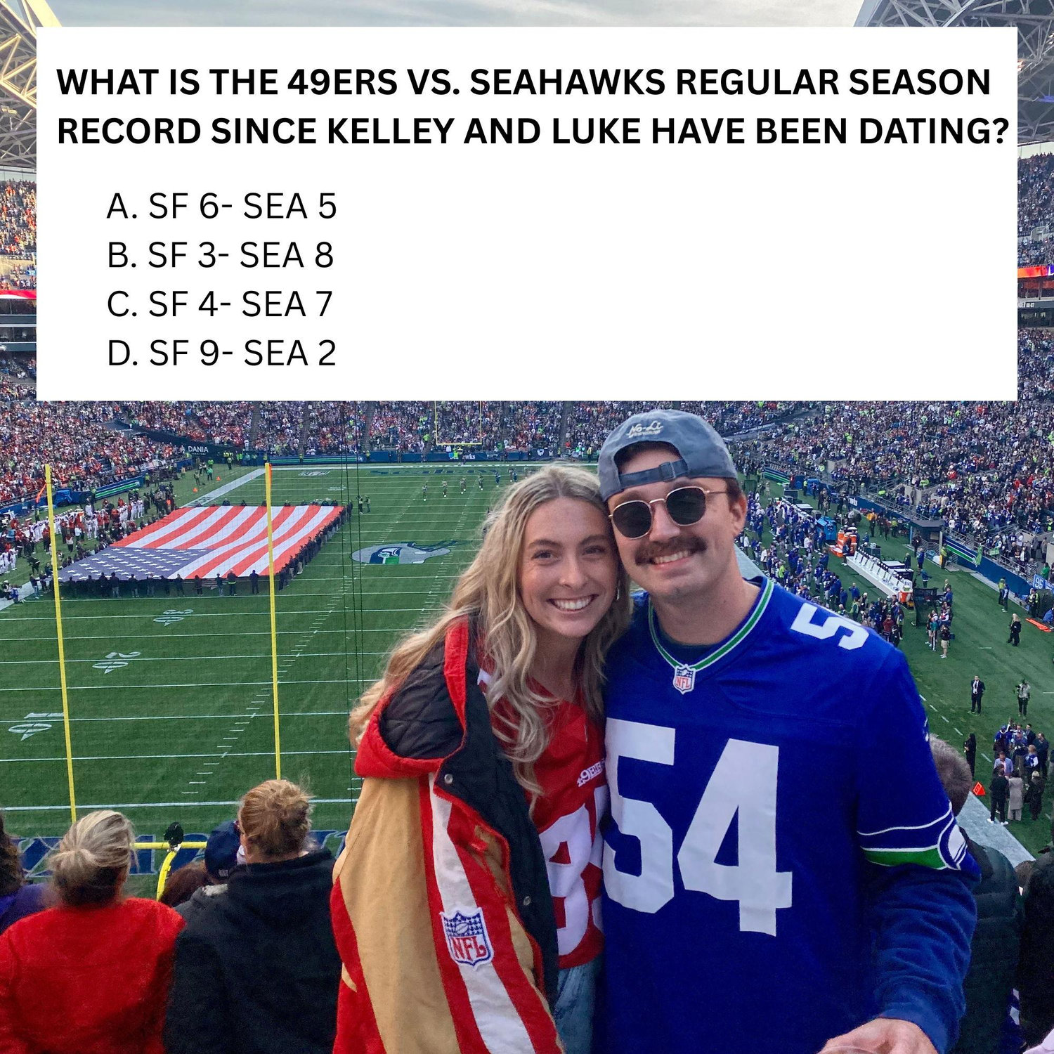 A. The 49ers are 6-5 over the Seahawks (bang bang)