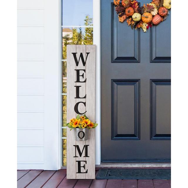 Glitzhome 42"H Wooden White WELCOME Porch Sign with Metal Planter