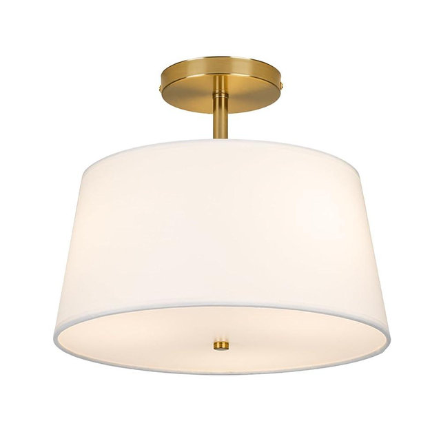 CALOKES Modern Cone-Shaped Semi Flush Mount Ceiling Light Fixture, 3-Light Drum Lamp with Gold Brass Finish and White Fabric Shade for Bedroom, Kitchen, Dining Room, Hallway, Entryway, and Foyer