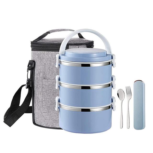 YBOBK HOME Stainless Steel Lunch Box Thermal Hot Leakproof Japanese Round Cylinder Triple Stackable Solid Bento Lunch Box with Insulated Bag and Portable Flatware Utensil Set for Adults (Blue)