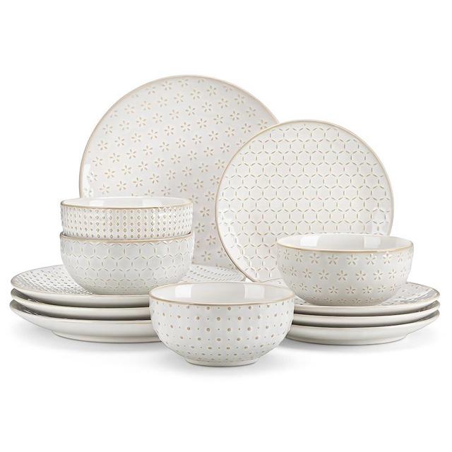 MALACASA 12 Pieces Dinnerware Sets, Modern Relief Design Plates and Bowls Sets, White Dish Set for 4, Kitchen Ceramic Dinner Plates Dishware Set, Microwave and Dishwasher Safe, Series LYDIA
