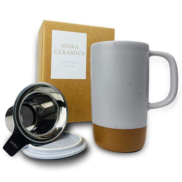 Mora Ceramics Large Tea Mug with Loose Leaf Infuser and Ceramic Lid, 18 oz, Portable, Microwave and Dishwasher Safe, Tall Coffee Cup - Rustic Matte Ceramic Glaze, Modern Herbal Tea Strainer, Sleet