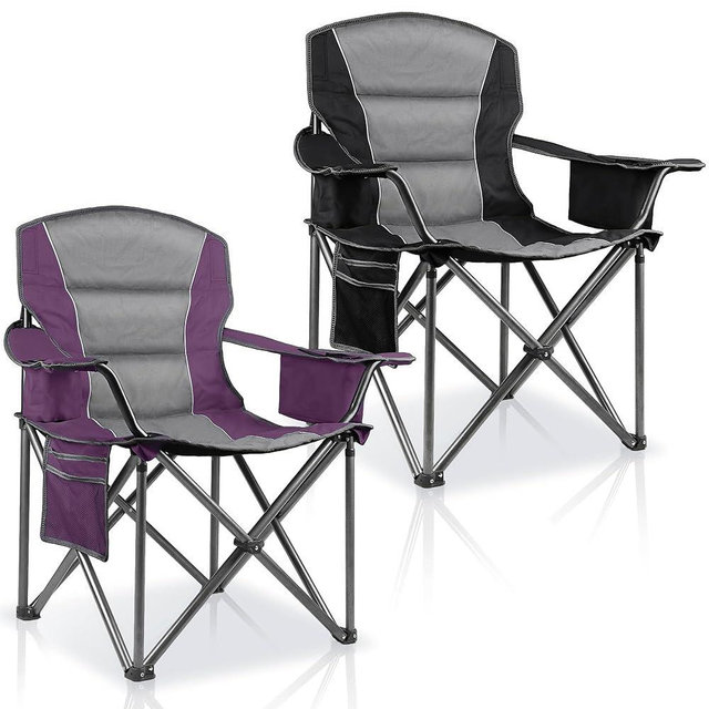 LANMOUNTAIN 2 Pack Padded Oversized Camping Chairs for Adults,Heavy Duty Support 400 Lbs,Folding Portable Lawn Chair w/Cup Holder,Cooler Bag,Side Pocket,Perfect for Outdoor Picnic,Hiking(Purple&Black)