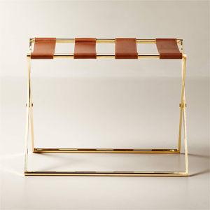 CB2 Unlacquered Brass and Saddle Leather Luggage Rack
