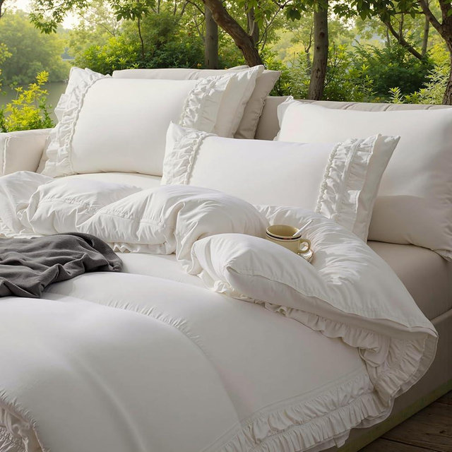 Merryword 100% Cotton Ruffled Comforter Set King, White Shabby Chic Farmhouse Bedding Set French Country Cute Comforter Set