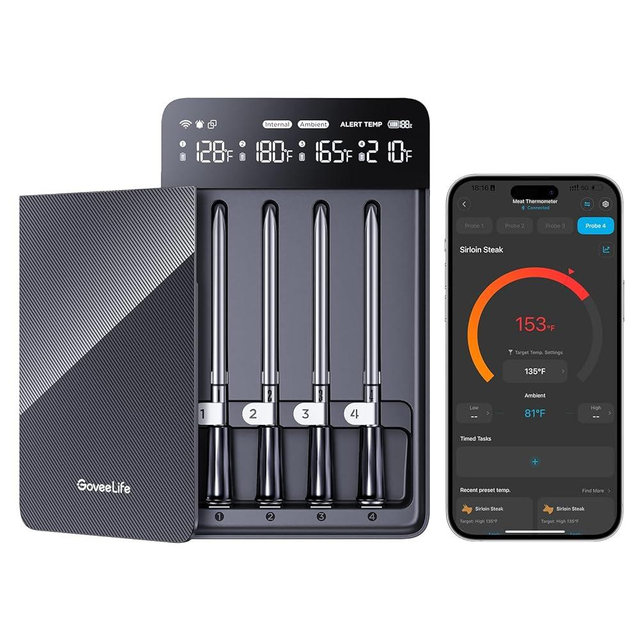 GoveeLife Bluetooth Wireless Meat Thermometer with 4 Probes, WiFi Unlimited Range, ±1.8℉ Accuracy, IP68 Waterproof Real Time Monitoring Digital Food Thermometer for Kitchen, BBQ, Grill, Oven, Smoker